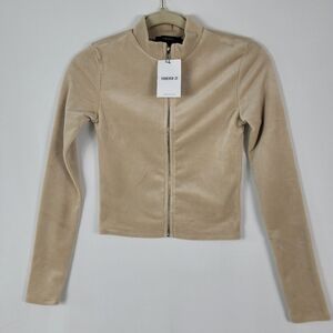 Forever 21 Tan Mockneck Full Zip Up Fleece Long Sleeve Crop Cardigan Size L NWT